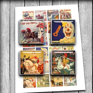 May include: A collage of vintage circus posters featuring images of clowns, horses, and performers. The posters are in various colors, including red, blue, yellow, and green. The text on the posters includes the names of the circuses, the performers, and the locations of the performances.