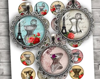 French Corset Digital Collage Sheet 35mm 1.25 inch 30mm 1 inch 1.5 inch Printable Download - Instant Download