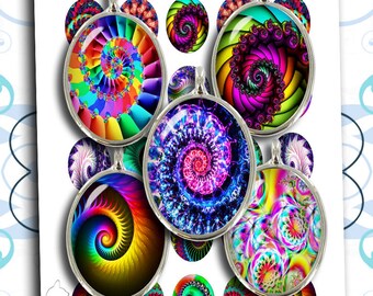 Könnte beinhalten: Set mit 10 runden, bunten Cabochons mit Spiralmuster. Die Cabochons sind silberfarben und haben eine glänzende Oberfläche. Die Farben umfassen Pink, Blau, Grün, Gelb und Orange.