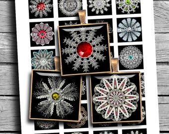 May include: A sheet of 12 printable digital images featuring intricate black and white mandala designs with various colored gemstones. The designs are perfect for crafting jewelry, scrapbooking, or other creative projects.