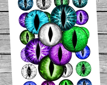 Dragon Eyes 20mm 25mm 30mm 1 inch 1.5 inch Printable Circle Images Green Purple Blue White Slit Eyes Digital Collage Sheet