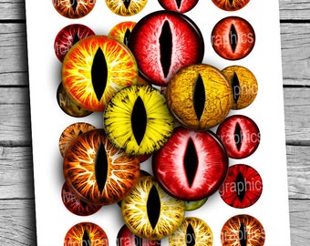 Dragon Eyes 20 mm 25 mm 30 mm 1 inch 1.5 inch Printable Circle Images Orange Yellow Red Slit Eyes Digital Collage Sheet