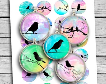 May include: A set of 12 round, colorful, watercolor-style, printed paper circles with a silver metal rim. Each circle features a silhouette of a bird on a branch or wire. The circles are perfect for crafting projects, scrapbooking, or adding a touch of whimsy to any project.