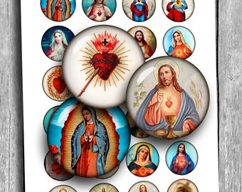 Religious Circles 18mm 20mm 25mm 1 inch 1.5 inch Sacred Heart Printable Round images Digital Collage Sheet Printable Download