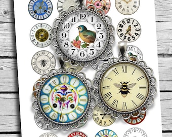 Antique Clock Faces Digital Collage Sheet Round images 20mm 30mm 25mm 1" 1.5" for Jewelry making Digital Cabochon