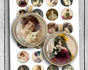 Girls with Cats 1 inch 1.5 inch Printable Round images Digital Collage Sheet Digital Download