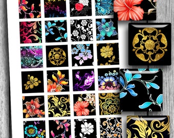 Digital Collage Sheet Elegant Florals 1x1" 1.5x1.5" Square Printable images for Pendants Magnets Scrapbooking - Instant Download