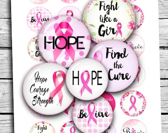 Breast Cancer Awareness Printable 1.837 inch 1 inch 1.5 inch 12mm 18mm round circles for Bottle caps Pendants Digital Collage Sheets