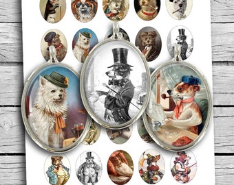 Victorian Dogs in Clothes 30x40 22x30 18x25 13x18 Oval Digital Cabochon Digital Collage Sheet Instant Download