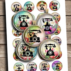 Shabby Telephones 20mm 25mm 1 inch 1.5 inch Printable Images Digital Cabochon Rounds Digital Collage Sheet - Instant Download
