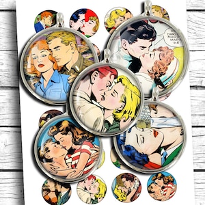 May include: A set of 12 round, silver-framed, glass cabochons with images of couples kissing from vintage comic books. The images are in color and feature a variety of hairstyles and clothing styles.