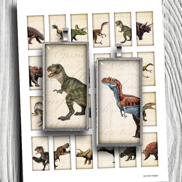 Dinosaurs Domino Tiles 1x2 inch Printable Images for Jewelry making Digital Collage Sheet - Instant Download