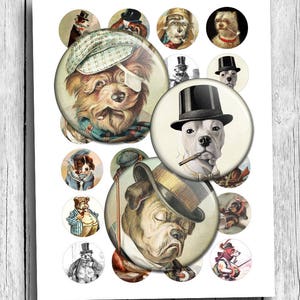 Victorian Dogs in Clothes Printable Rounds: Digital Collage Sheet (1 & 1.5 inch) (Digital Download)