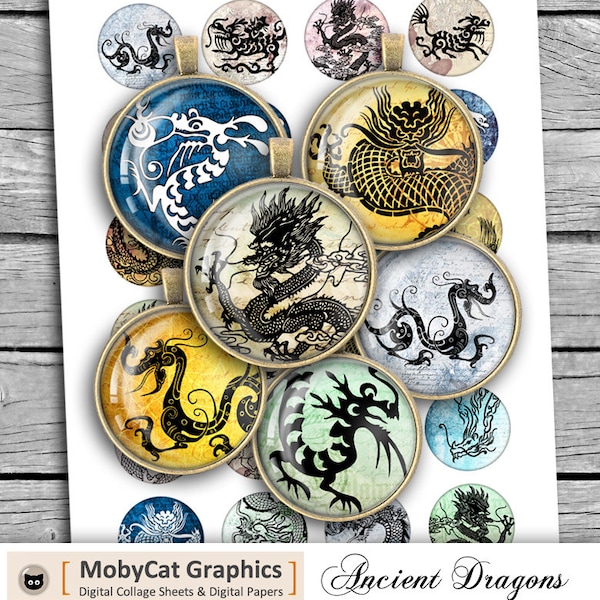 Ancient Dragons Printable Rounds 20 mm 25 mm 1.5 inch 30 mm 1 inch Printable Inches Digital Cabochons Digital Collage Sheet
