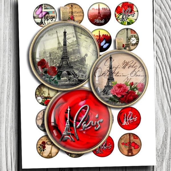 Paris Digital Collage Sheet 20mm 25mm 1 inch 30mm 1.5 inch Printable inchies for Pendants Bottlecaps Cabochons