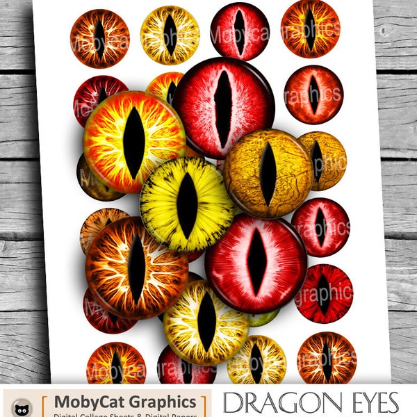 Dragon Eyes 20 mm 25 mm 30 mm 1 inch 1.5 inch Printable Circle Images Orange Yellow Red Slit Eyes Digital Collage Sheet