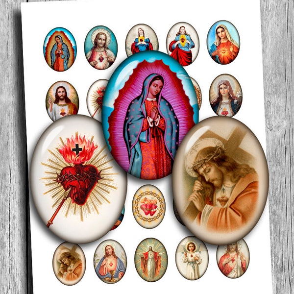 Religious ovals Sacred Heart 30x40mm 22x30mm 18x25mm 13x18mm for Cabochons Printable Digital Collage Sheet - Instant Download