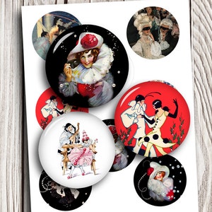 Digital Collage Sheet Pierrot 20mm 25mm 1 inch 1.5 inch Columbine Harlequin Printable images for Jewelry making Instant Download