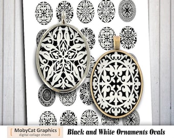 Black and White Ornaments 10x14mm 13x18mm 18x25 mm 30x40mm Oval Images for Cabochons Printable Images Digital Collage Sheet Instant Download
