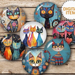 May include: A collection of seven circular digital collage sheets featuring stylized cat illustrations with vibrant patterns and colors. The image includes a white starburst graphic with the text DIGITAL ITEM and the text MOBYCAT GRAPHICS WHIMSICAL CATS CIRCLES.