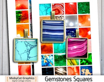 1.5x1.5 inch 1x1 inch 20x20mm Gemstone Printable Square images for Pendants Digital Collage Sheet - Instant Download