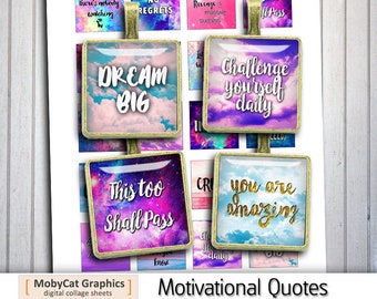 May include: A sheet of digital collage sheets featuring motivational quotes. The main focus is on four square pendants with gold-colored frames. The pendants display phrases like "DREAM BIG" and "YOU ARE AMAZING" against colorful backgrounds.