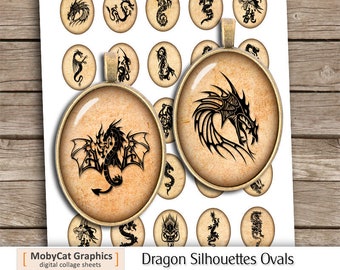 Dragon Silhouettes  30x40mm 22x30mm 18x25mm 13x18mm Oval Images for Jewelry Making - Digital Collage Sheet - Instant Download