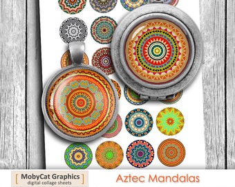 Printable Aztec Mandala Circle Images 1 inch 20mm 1.5 inch for Cabochons Glass Pendants, Bottlecaps Digital Collage Sheet Instant Download