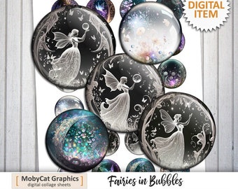 Fairies in Bubbles 20mm 25mm 30mm 1 inch 1.5 inch Printable images for jewelry making Digital Cabochon Printable Digital Collage Sheet