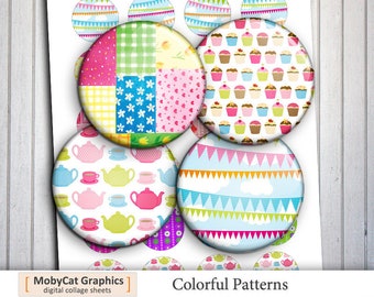 Printable Colorful Patterns 1 inch 20mm 25mm 1.5 inch Round Images for Jewelry Making Digital Collage Sheet