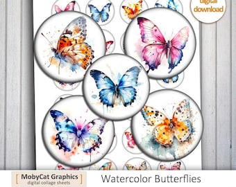 Printable Download - Watercolor Butterflies 20 mm 25 mm 30mm 1 inch 1.5 inch for Bottlecaps, Pendants, Magnets Digital Collage Sheet