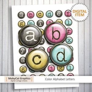 May include: A digital collage sheet featuring colourful alphabet letters in a typewriter font. The letters are on a white background and have a vintage look. The letters are in various colours, including pink, blue, yellow, and grey. The sheet is labelled "Color Alphabet Letters".