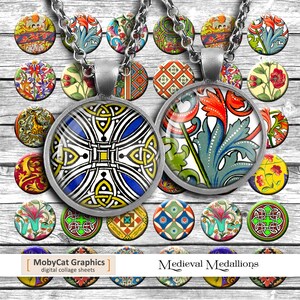 May include: A set of 24 digital collage sheets featuring medieval-style medallions with intricate patterns and designs. The medallions are in various colors, including blue, red, green, yellow, and white. The image includes the text "MobyCat Graphics" and "Medieval Medallions".
