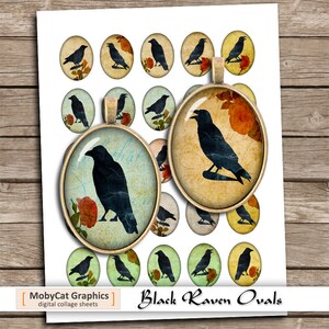 Printable Raven oval images 13x18mm 18x25mm 30x40mm 22x30mm Digital Collage Sheet Black Raven Nevermore