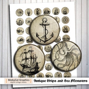May include: A digital collage sheet with 25 vintage illustrations of ships, anchors, and sea monsters. The illustrations are in black and white and have a distressed, antique look. The sheet is titled "Antique Ships and Sea Monsters".