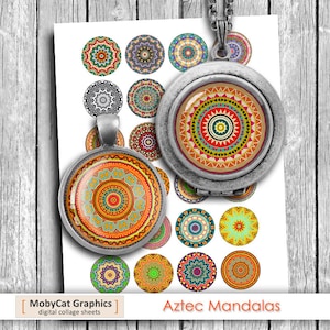 Printable Aztec Mandala Circle Images 1 inch 20mm 1.5 inch for Cabochons Glass Pendants, Bottlecaps Digital Collage Sheet Instant Download