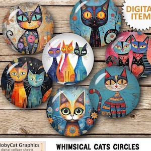 Hoja de collage digital de círculos de gatos caprichosos, círculos imprimibles para cabujones, tapas de botellas, colgantes, 20 mm, 25 mm, 1 pulgada, 1,25 pulgadas, 1,5 pulgadas