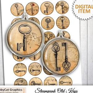 Steampunk Old Keys Digital Collage Sheet  1.5 inch, 1 inch, 25mm, 20mm Circle images for Bottle caps, Pendants Printable images