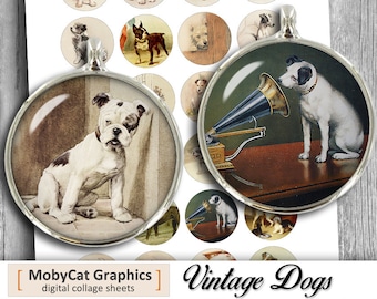 Vintage Dogs Digital Collage Sheet 1" 20mm 25mm 30mm 1.5" Printable Circle images Bottle cap images Cabochon- Instant Download