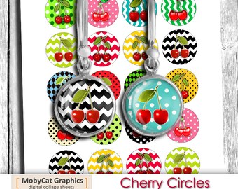 Printable Circles "Cherries" 12mm 14mm 16mm 20mm images for Earrings Cuff Links Magnets Digital Collage Sheet - Instant Download