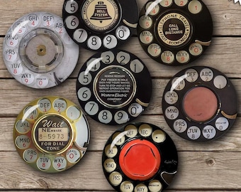 Collageark med vintage-telefonrattar, utskrivbara bilder på roterande telefoner för skräpjournaler, scrapbooking, smyckestillverkning och cabochoner