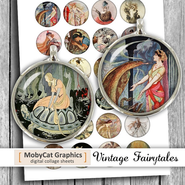 vintage Fairytales 1 » 20mm 25mm 30mm 1.5 » Printable Circle Bottle cap images Cabochon Digital Collage Sheet - Téléchargement instantané