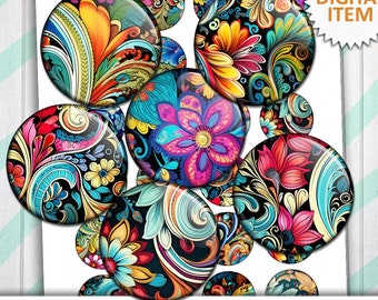 Digitalt collageark med blommigt paisleymönster – Utskrivbart, nedladdningsbart – Storlekar 20 mm, 25 mm, 2,5 cm, 3,5 cm, 3,8 cm – Hög upplösning för smycken och hantverk