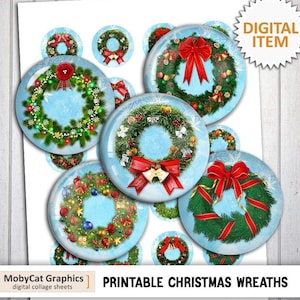 Printable Christmas Wreaths Digital Collage Sheet 20mm 25mm 30mm 1&quot; 1.5&quot; Printable images for Scrapbooking Bottle caps, Pendants