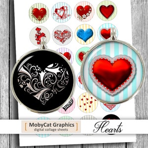 Hearts Circle Printable Collage Sheet 1 inch, 25mm, 30mm, 1.5 inch for Bottle Caps. Cabochon images Digital Collage Sheet Instant Download