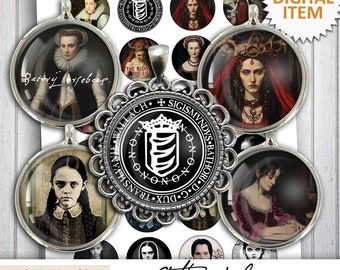 May include: A digital collage sheet with 12 round images of women in gothic attire. The images are in a silver frame and have a white background. The text "Gothic Ladies" is at the bottom of the sheet.