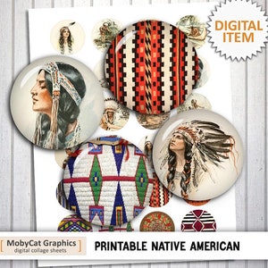 Puede incluir: Hoja de collage digital imprimible con diseños nativos americanos. La hoja incluye imágenes de personas nativas americanas, tocados y patrones tradicionales en rojo, azul, verde y blanco.