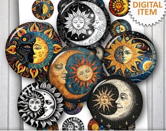 Digitalt collageark med sol och måne, 12 mm, 14 mm, 16 mm, 18 mm, himmelscirklar för cabochonhängen, kapsyler, magneter