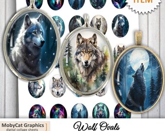 Wolf Ovals 30x40mm 22x30mm 18x25mm 13x18mm Pendant oval images Digital Collage Sheet