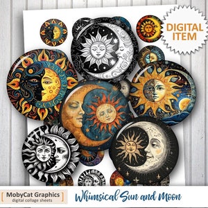 May include: A set of 10 digital collage sheets featuring whimsical sun and moon designs. Each sheet features a different illustration of the sun and moon with intricate details and vibrant colors. The designs are perfect for adding a touch of whimsy to any craft project.